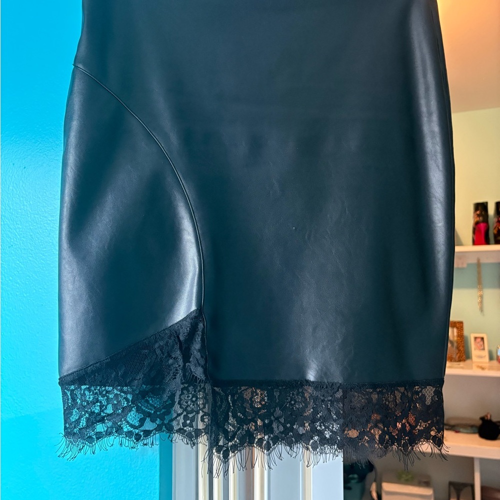 Black Faux Leather Lace-Hem Pencil Skirt